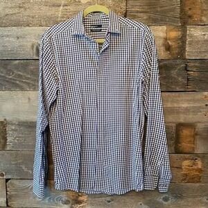 Bar III Men's Slim Fit Navy Blue Gingham Dress‎ Shirt Carnaby Collection